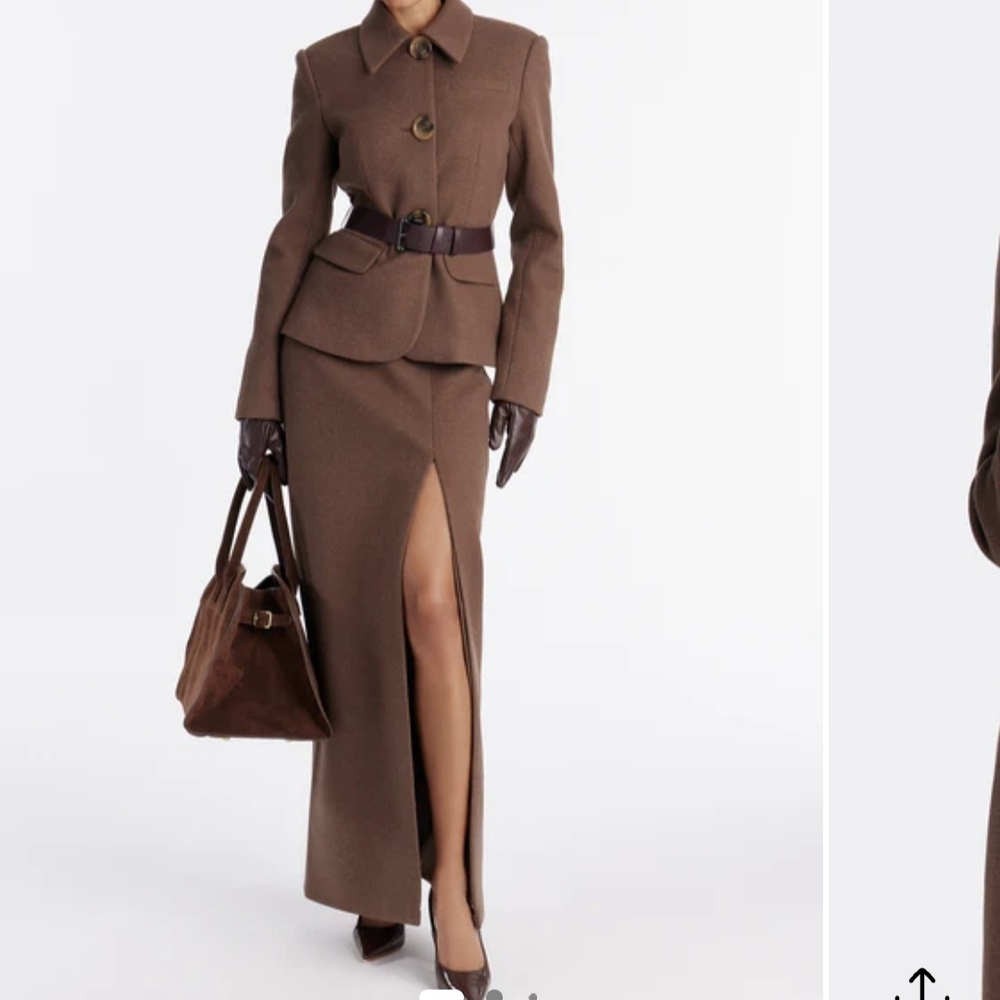 Tailored Brown Belted Blazer And Maxi Skirt with Front Slit
